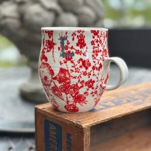 Anthropologie Red Floral Initial Ceramic Mug